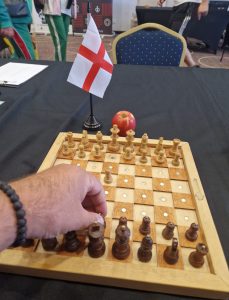 Gary's board beside an England flag. waiting for his opponent