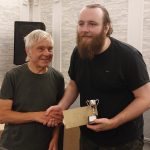 Brandan Read (R) receives BCA British Championship trophy from Chairman Voldi Gailans.